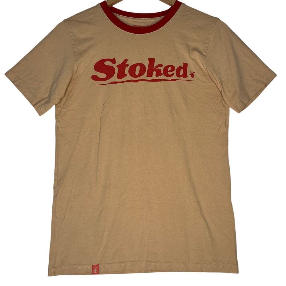 Dutch Bros Stoked Ringer Tshirt sz XS Tan Red Coffee Casual Oregon Retro